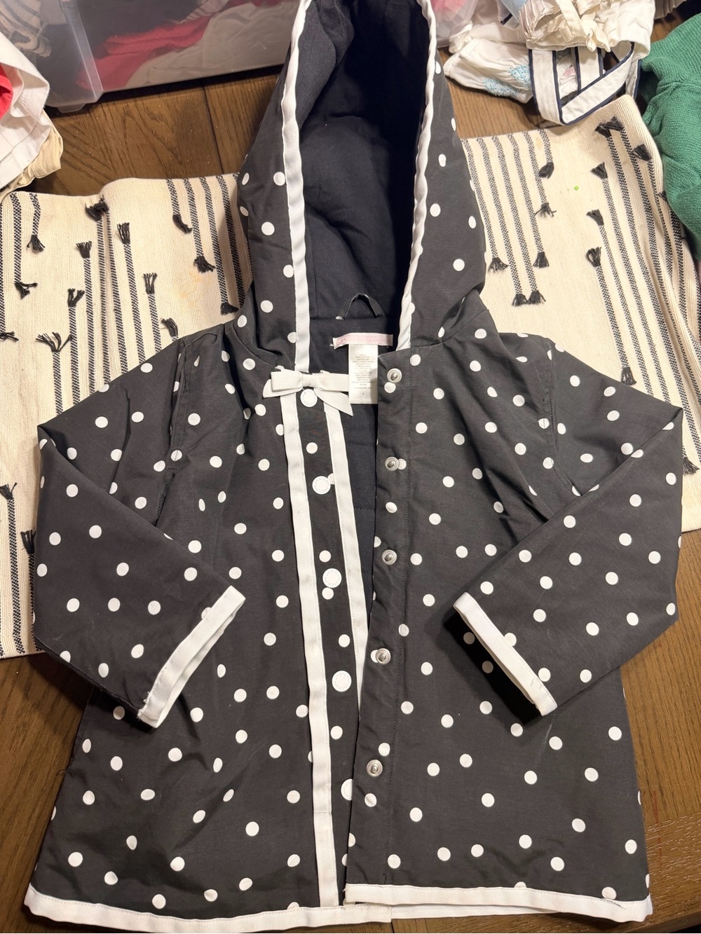 Janie and Jack Girls' Hooded Polka Dot Rain Jacket - Black & White
